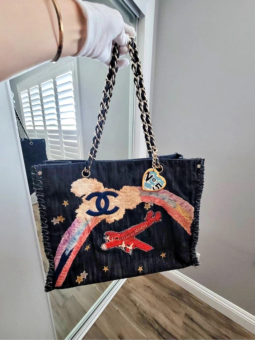 Chanel Night Flight Airplane Rainbow Multicolor Denim Embroidered Chain Tote